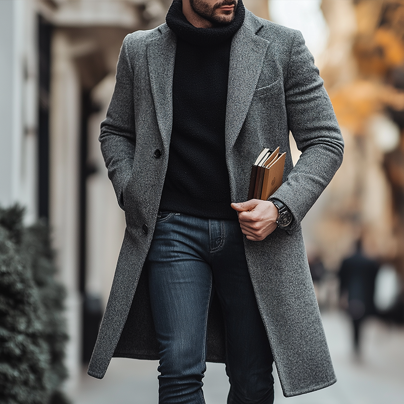 Men's Winter Retro Twill Faux Wool Button Mid-Length Coat MTA2842K1P