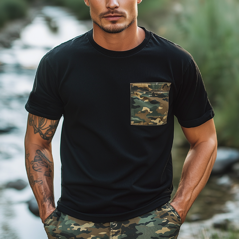 Men's Classic Round Neck Camouflage Patchwork Short Sleeve T-Shirt MTA2381F9U