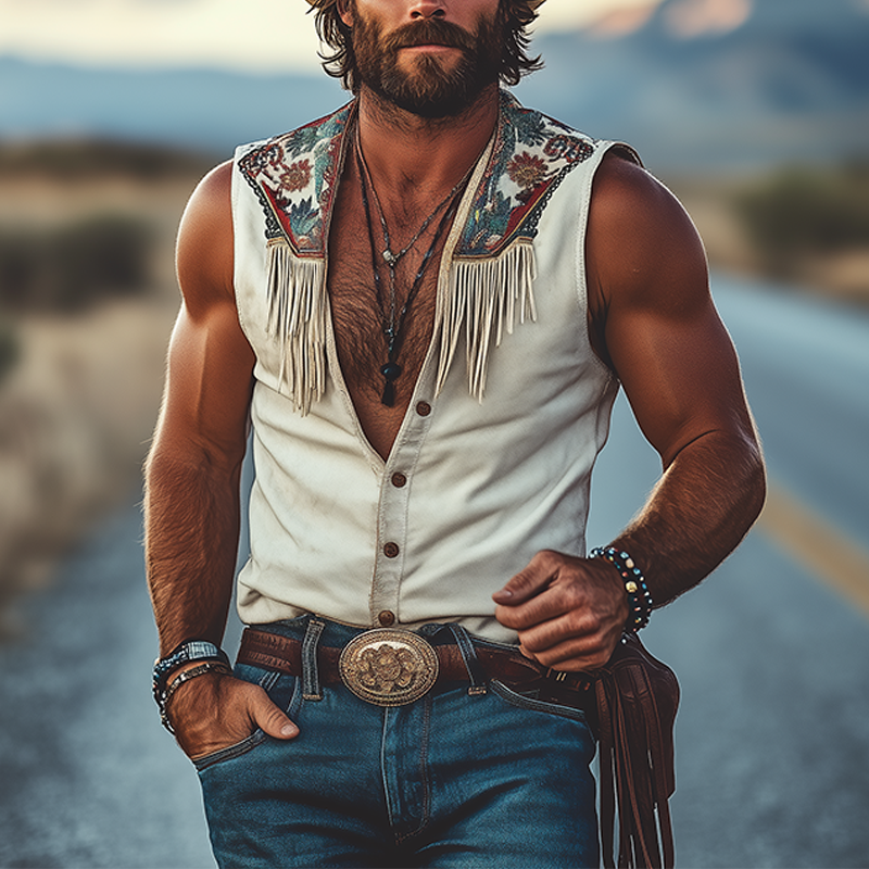 Men's Spring And Summer Fashion Retro Western Cowboy Style Thin Suede Metal Button Embroidery Tassel V-neck Sleeveless Shirt MTA1521E8K