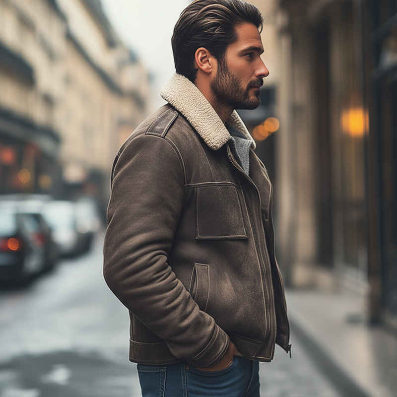 Men's Winter Suede Patchwork Lamb's Wool Collar Zip-up Jacket Jacket MTA0389K2U