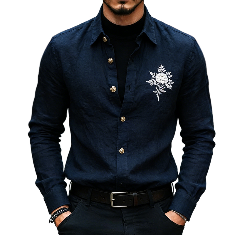 Men's Retro Casual Cotton Linen Embroidered Collar Long-Sleeved Shirt MTA2238L1TO