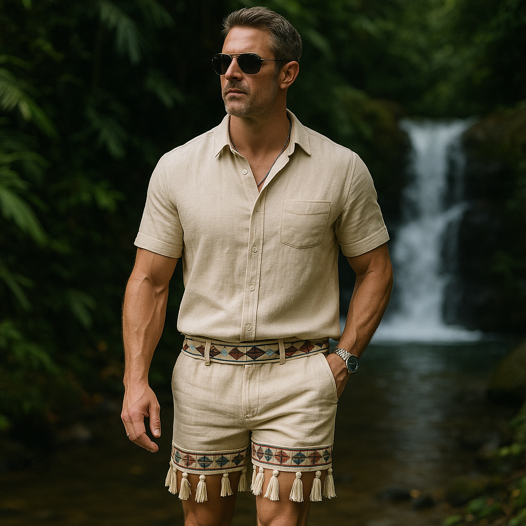 Men's Summer Fashion Printed Tassel Slub Linen Casual Shorts MTA1355F0P