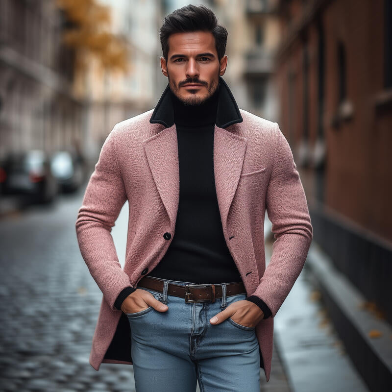 Men's Vintage Colorblock Wool Blend Notch Lapel Single-Breasted Warm Coat MTA2115H8M