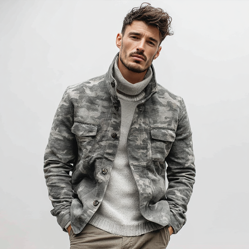 Men's Camouflage Stand Collar Single Breasted Casual Jacket MTA1843H5Z