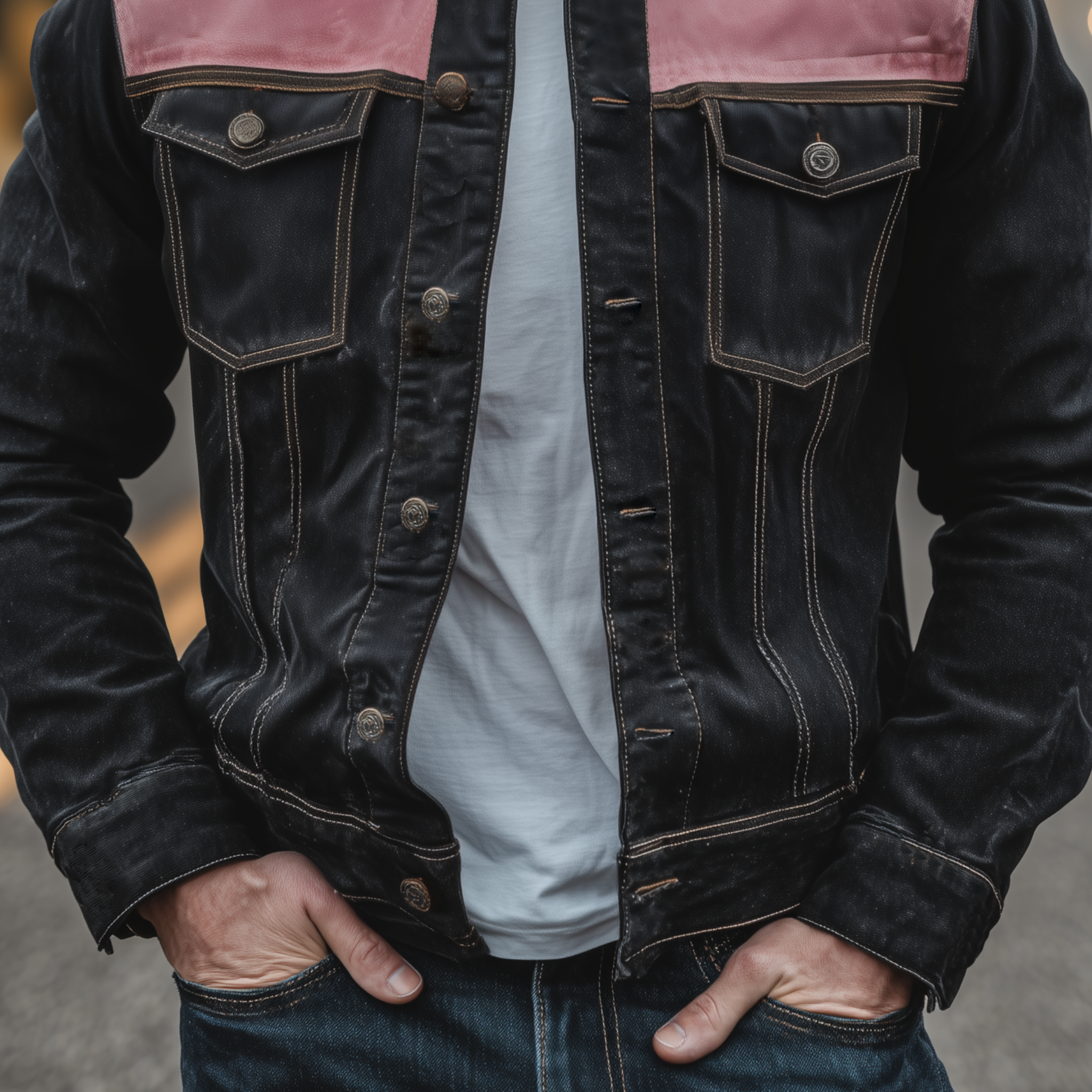 Men's Classic Casual Shoulder Stitching Pink Suede Lapel Denim Jacket MTA2621H3K
