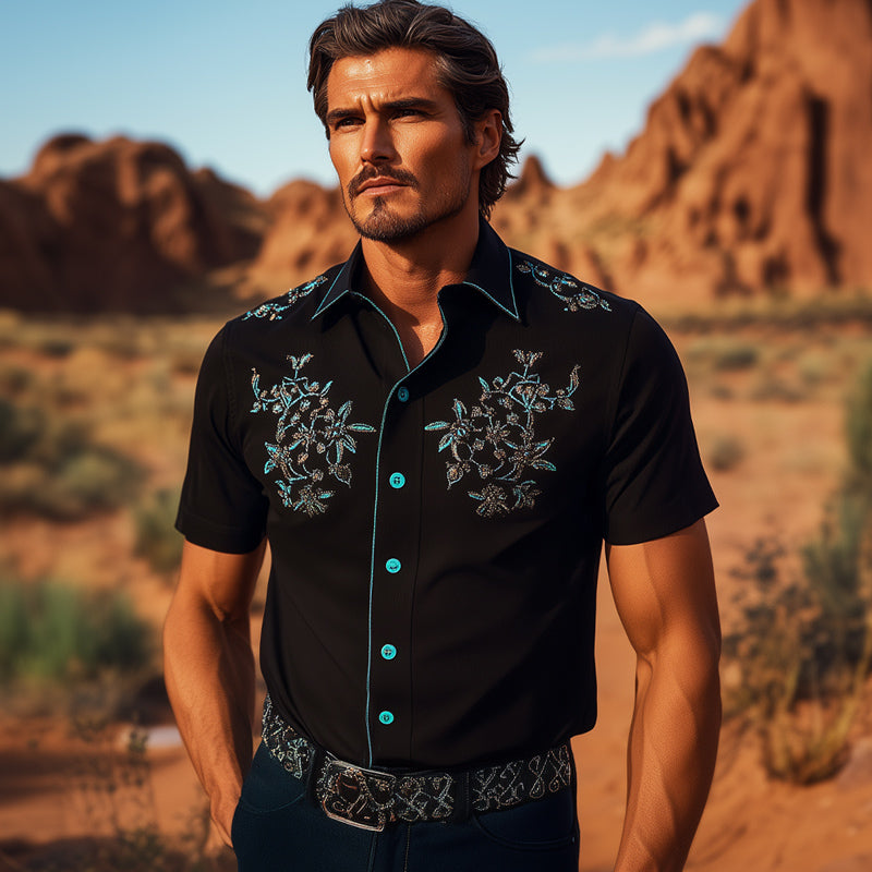Men's Summer Western Cowboy Style Retro Embroidered Short-Sleeved Shirt MTA2189E4U