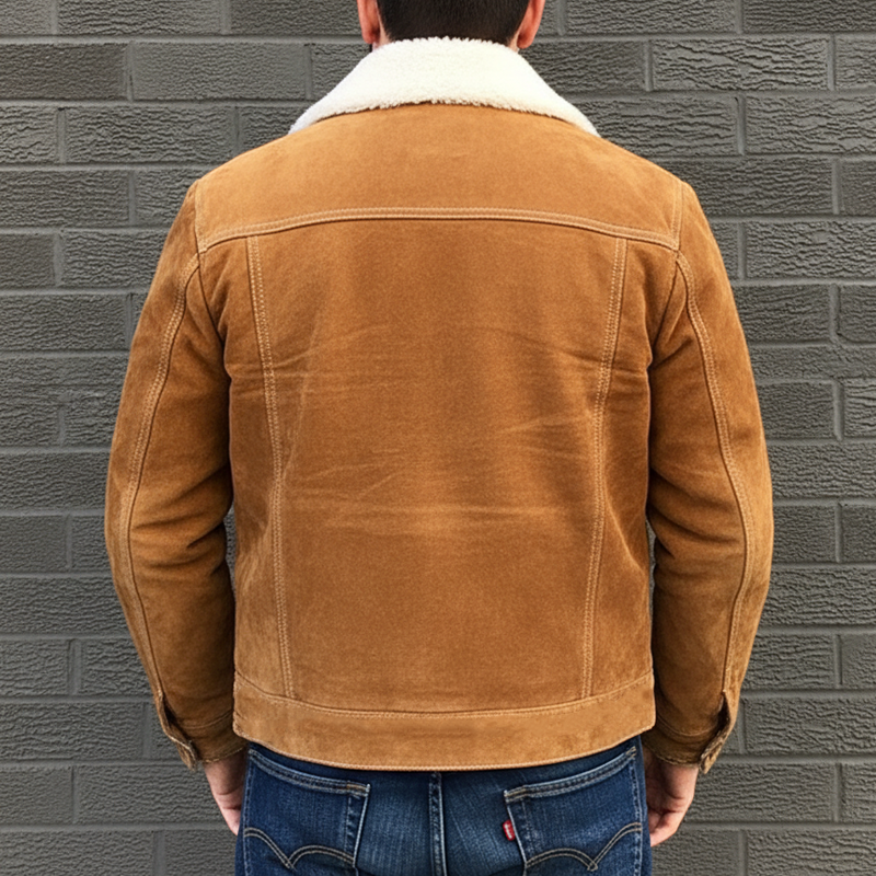 Men's Retro Camel Suede Faux Lambswool Warm Lined Jacket MTA1855K5U