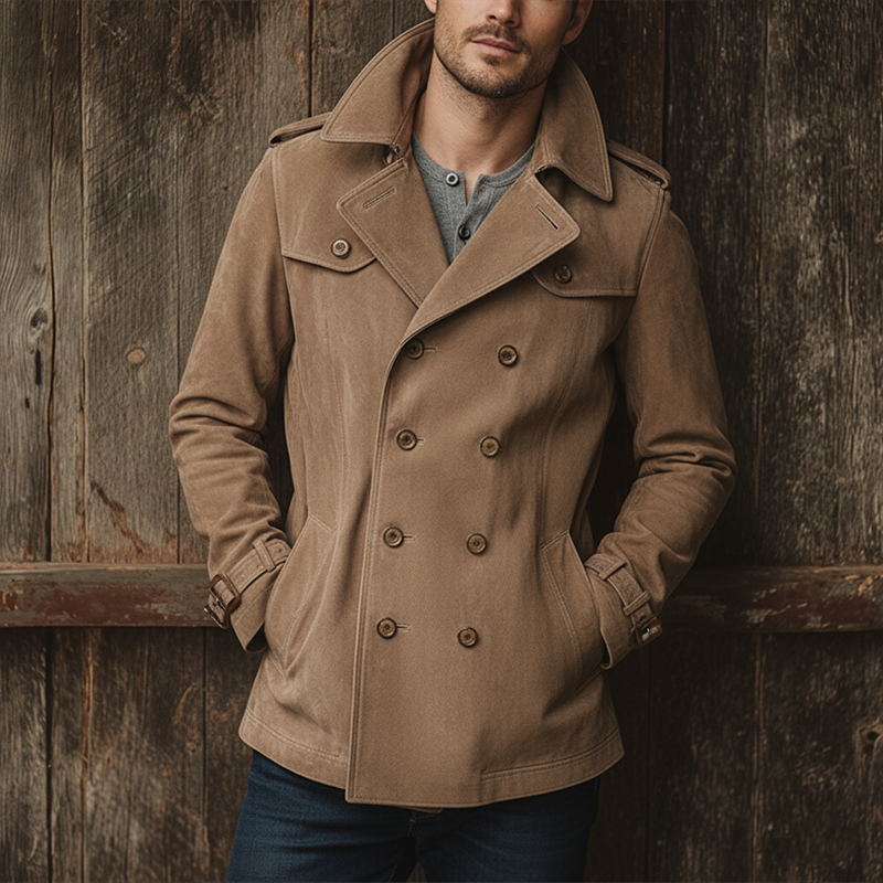 Men's Winter Vintage Double-Breasted Faux Suede Jacket (Includes Belt) MTA1488J0P