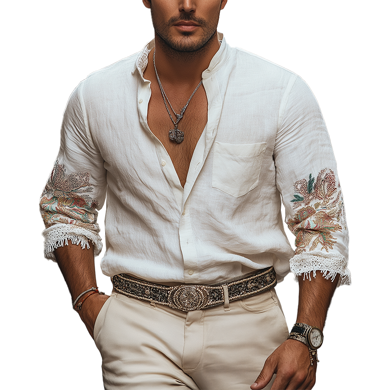 Men's Summer Lightweight Embroidered Linen Long Sleeve Shirt MTA0440F0P