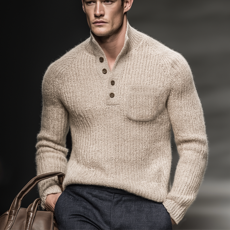 Men's Classic Light Khaki Stand Collar Knitted Sweater MTA2218J1U