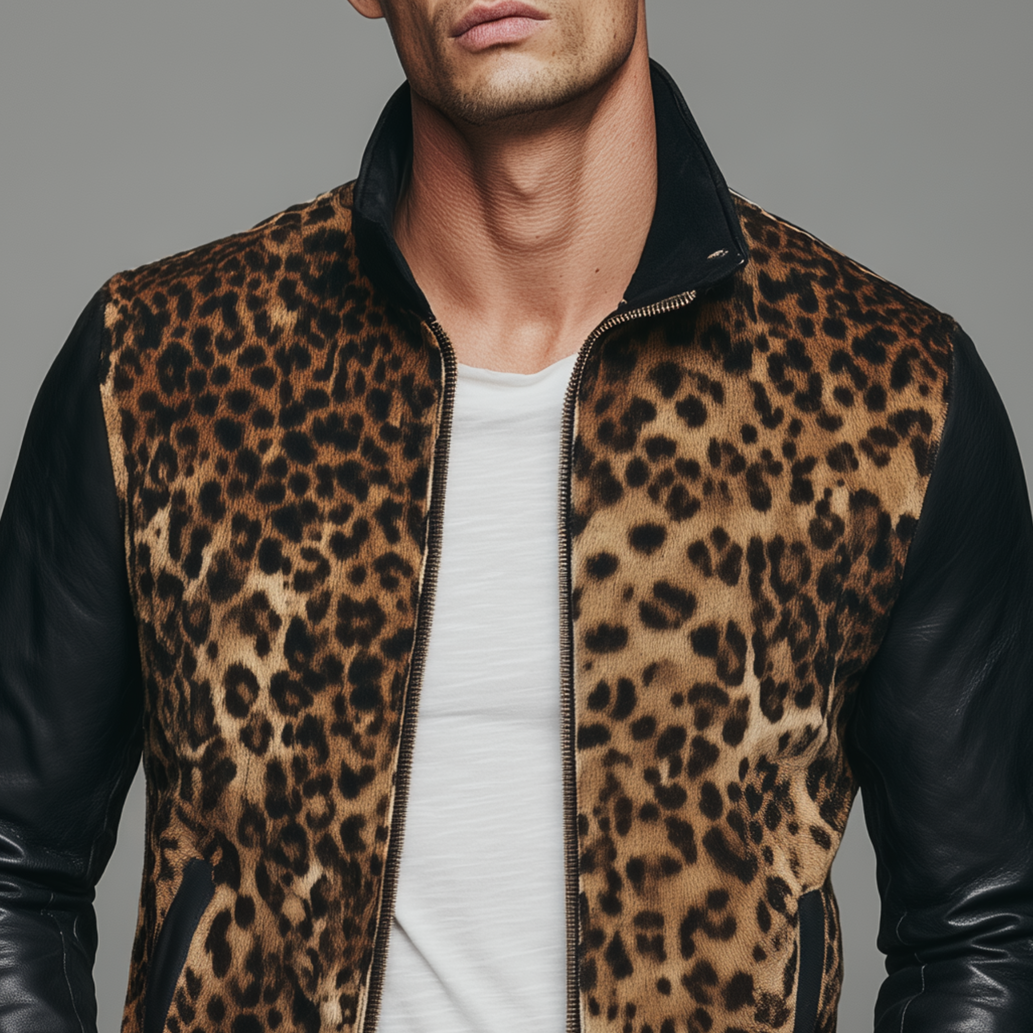 Men's Classic Casual Suede Leopard Print Pu Leather Stand Collar Slim Fit Jacket MTA0611H4K