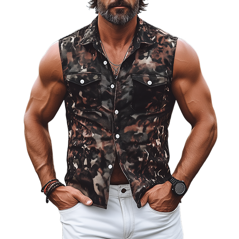 Men's Classic Vintage American Western Camouflage Cotton Blend Multi-Pocket Slim Fit Pearl Snap Sleeveless Shirt MTA0567F7K
