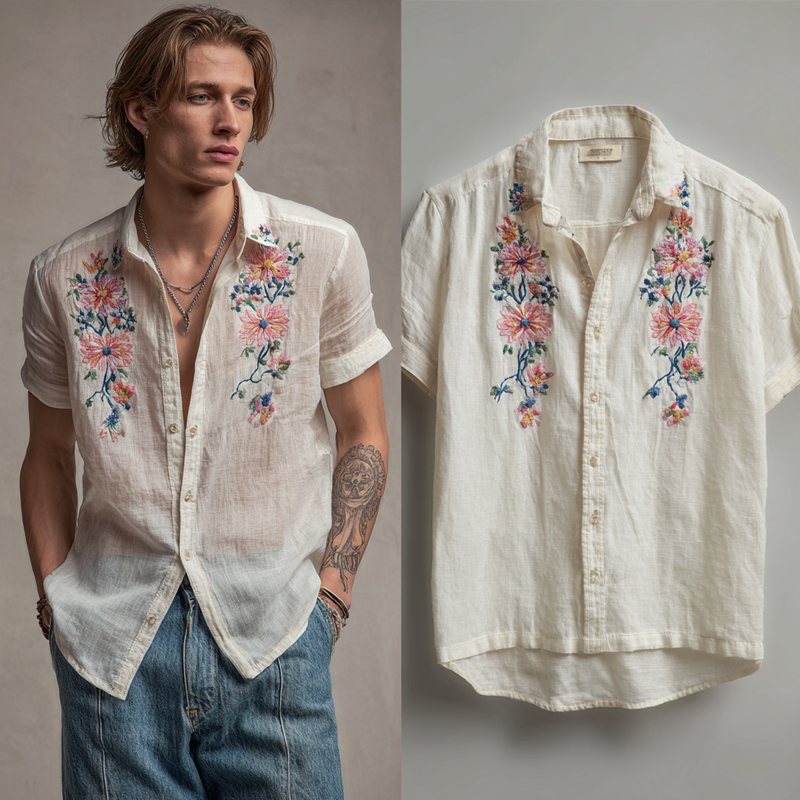 Men's Flora Embroidered Lapel Short Sleeve Cotton And Linen Shirt MTA3111G4Z