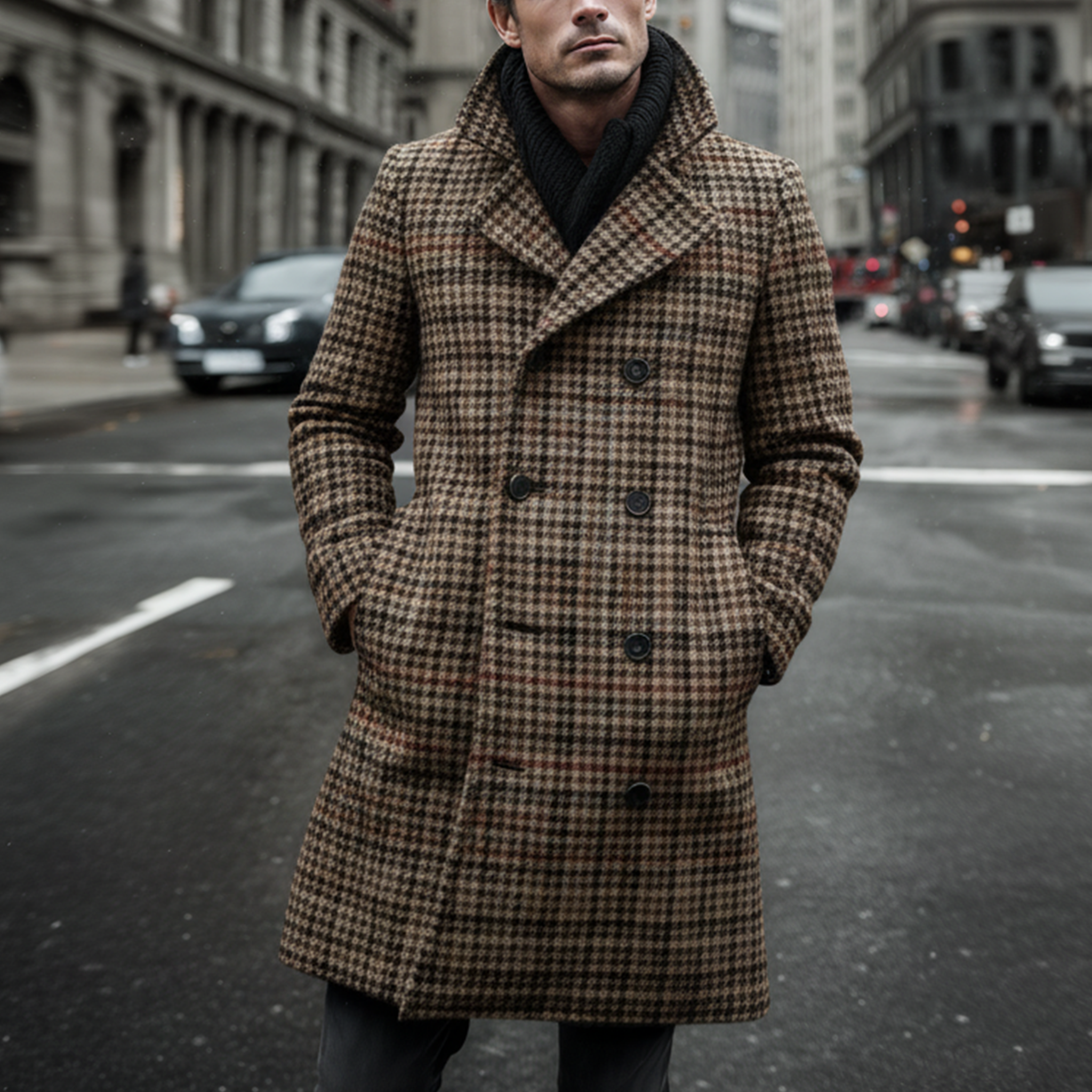 Men's Classic Vintage Faux Houndstooth Wool Double-breasted Knee-length Coat MTA2561I0K