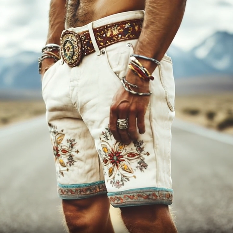 Men's Spring and Summer Fashion Retro Thin Suede Embroidered Shorts (Without Belt) MTA1525D6K