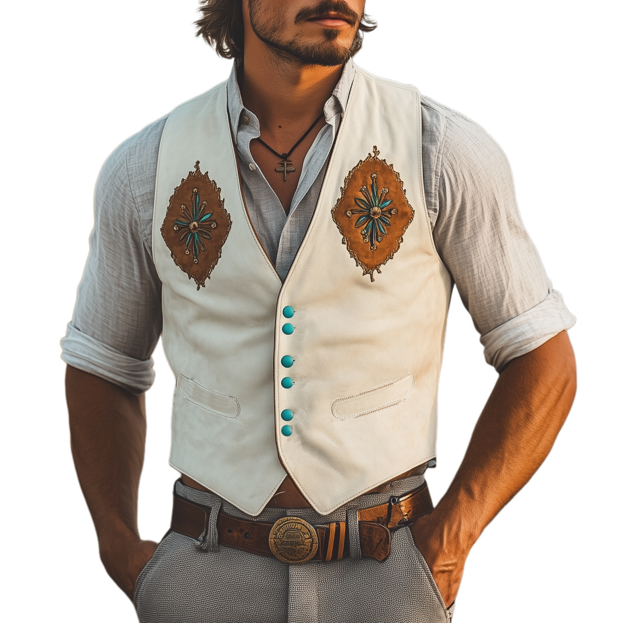 Men's Classic Casual Western Cowboy Style Embroidered Thin Suede Slim Vest MTA2288G2K