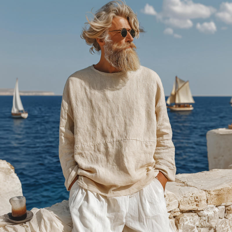 Men's Casual Breathable Cotton Linen Round Neck Loose Long-sleeved T-shirt MTA0121G9M