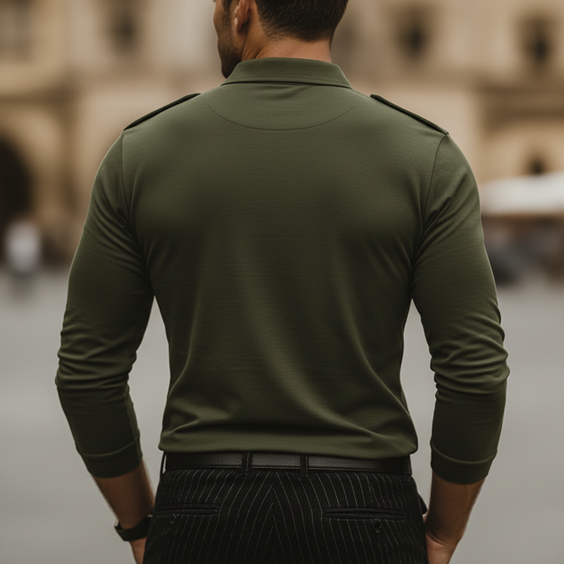 Men's Business Cotton Three-Button Polo Collar Slim Fit Long-Sleeve T-Shirt MTZ0743A1U