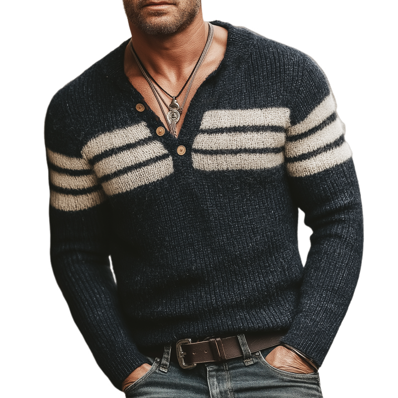 Men's Classic V-neck Color-blocked Striped Slim-fit Knit Sweater MTA0360K1U