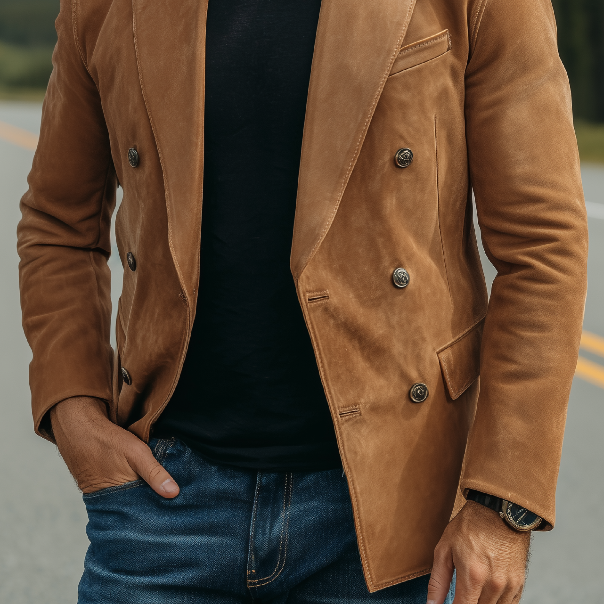 Men's Classic Retro Solid Color Suede Double-breasted Slim-fit Blazer MTA0550H0K