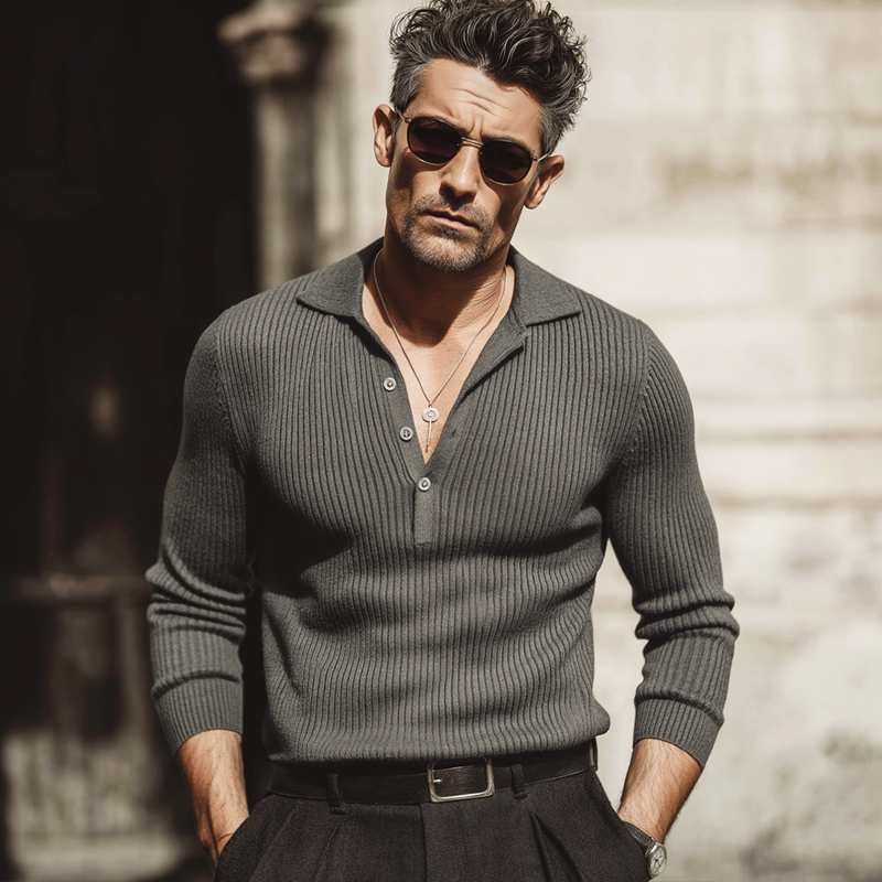 Men's Classic Urban Striped Three-button Polo Collar Slim-fit Knitted Sweater MTA1734L5U