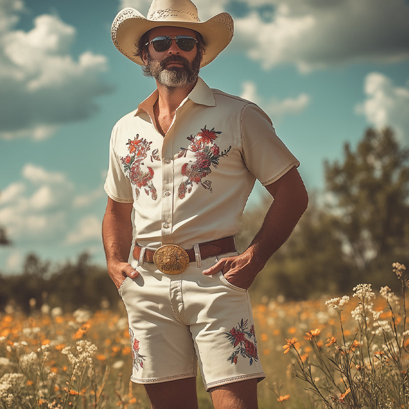 Men's Summer Western Cowboy Style Retro Embroidery Short Sleeve Shirt Shorts Set MTA2963D2U
