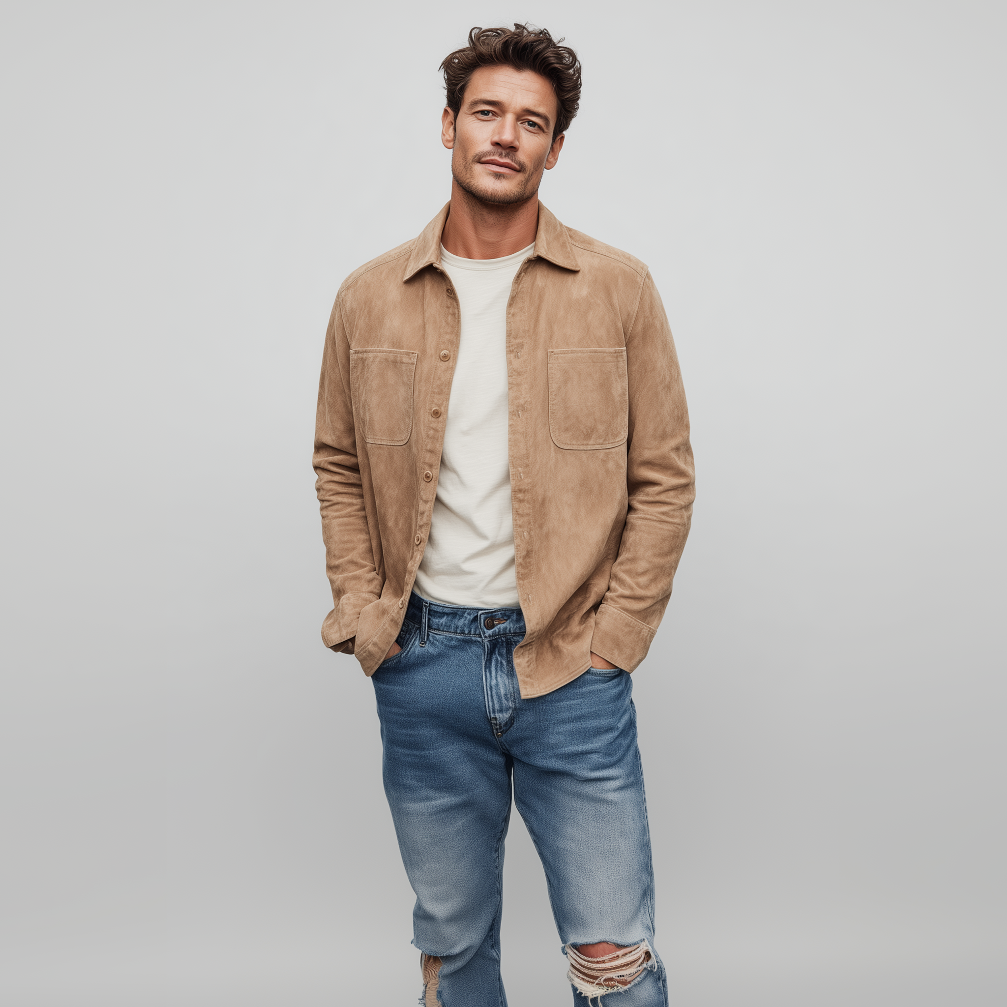Men's Classic Casual Thin Suede Solid Color Multi-Pocket Long Sleeve Shirt MTA1802G4K