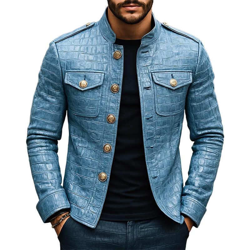 Men's Retro Casual Crocodile Pattern PU Stand Collar Leather Jacket MTA2605H2TO
