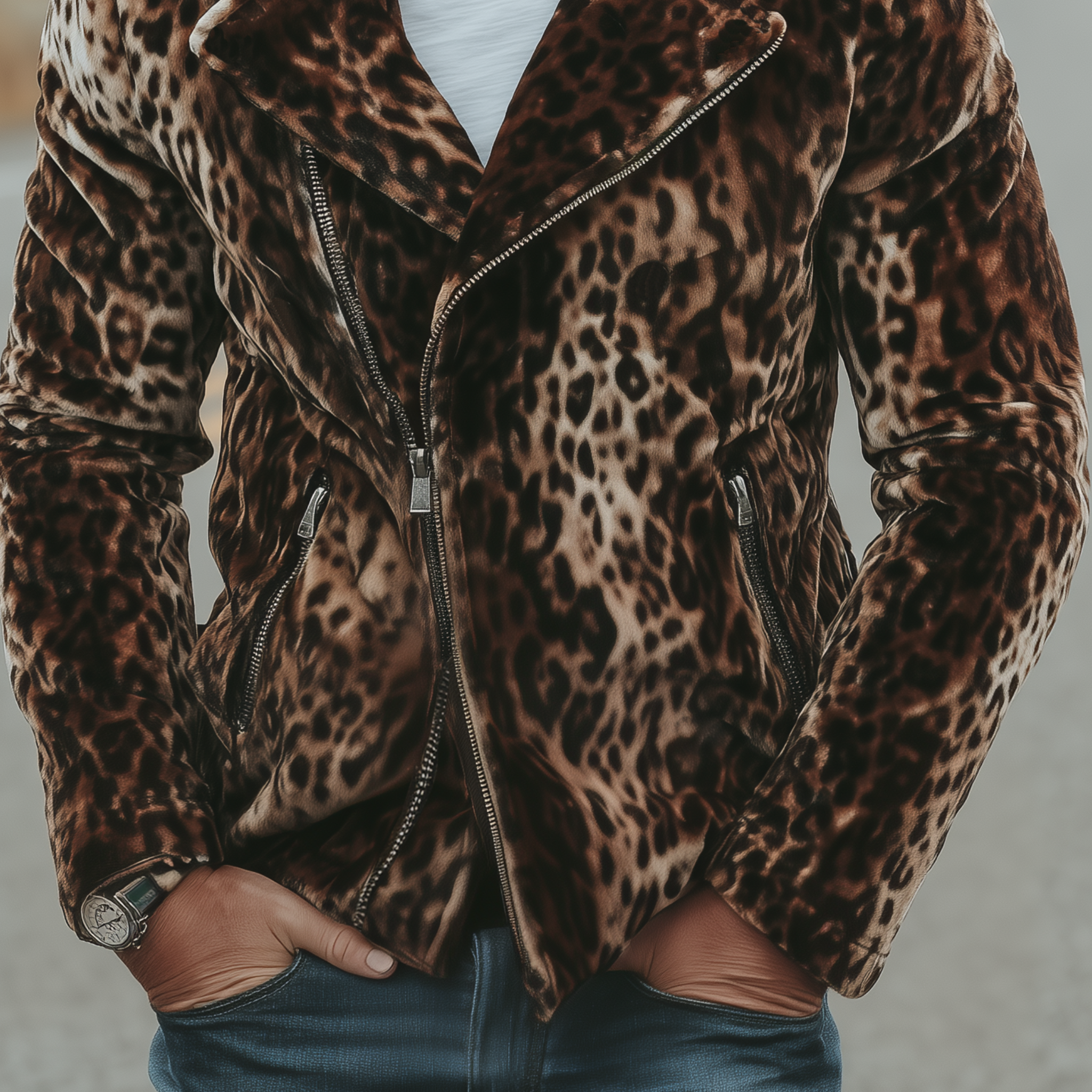 Men's Classic Casual Western Leopard Print Velvet Motorcycle Jacket MTA2833H2K