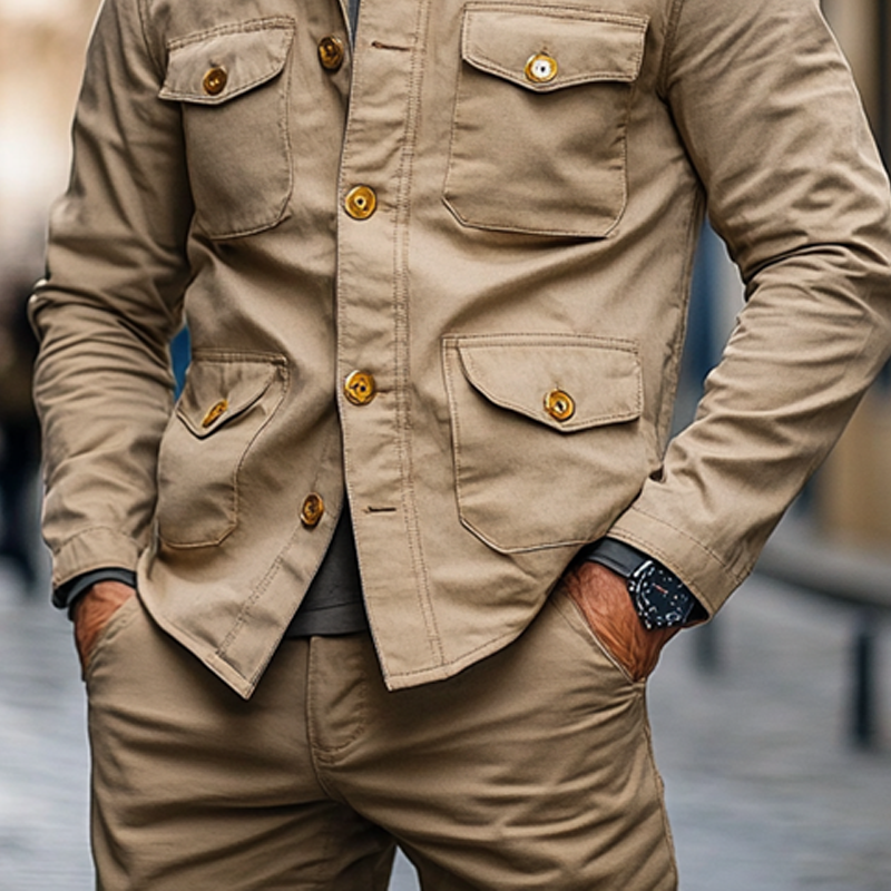 Men's Cotton Solid Color Multi-Pocket Stand Collar Button Jacket MTA0458I8X