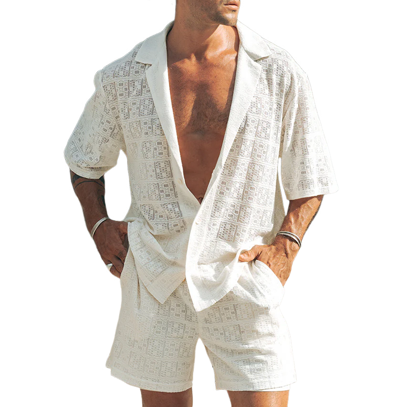 Men's Spring And Summer Fashion Casual Lace Sexy Micro-transparent Short-sleeved Shirt Shorts Set MTA0928G0K