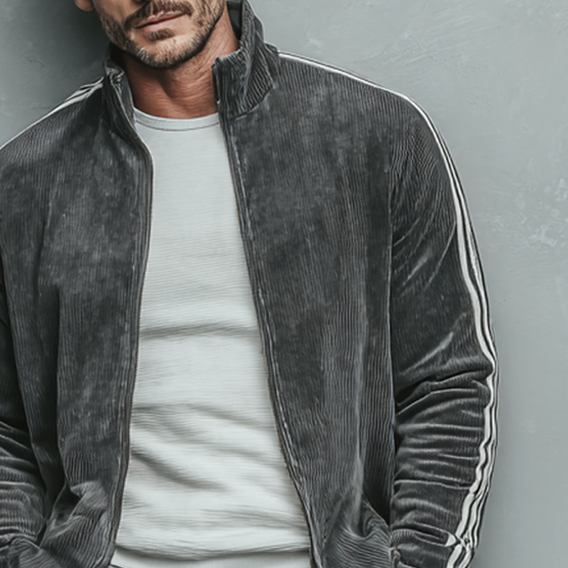 Men's Corduroy Striped Color Block Stand Collar Zip-Up Jacket MTA2995K0X