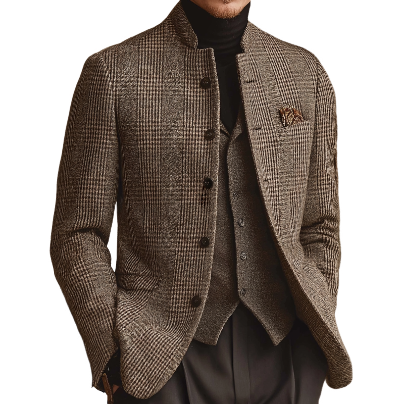Men's Retro Casual Tweed Plaid Stand Collar Jacket MTA1165K3TO