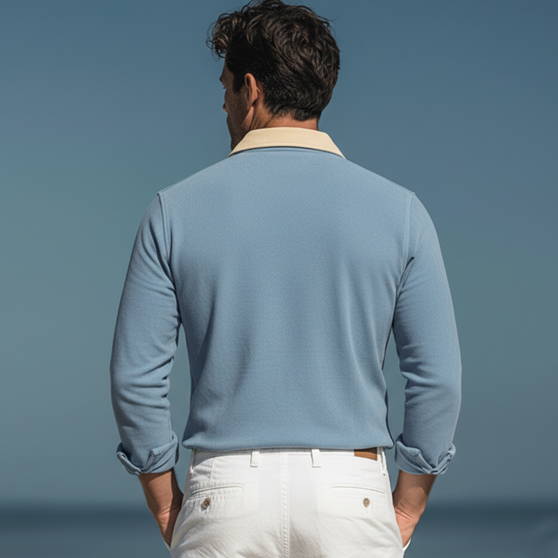 Men's Classic Sky Blue Faux Suede Color-blocked Collar Long-sleeved Shirt MTZ2869A1U