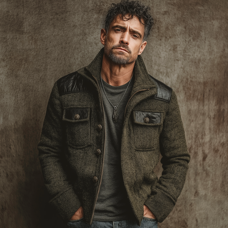 Men's Classic Stand-collar Herringbone Pattern Faux Wool And PU Leather Jacket MTA2000K1U