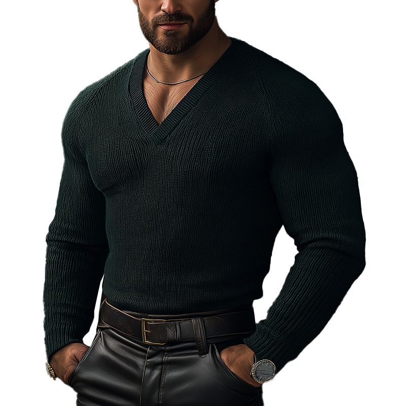 Men's Winter Retro Cotton Yarn Knit V-Neck Slim Fit Sweater MTA2601K0P