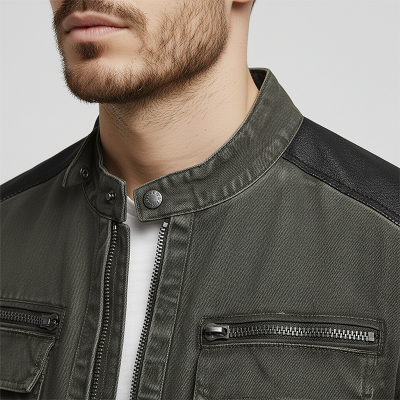 Men's Winter Vintage Washed Denim PU Patch Bomber Jacket MTA2071J5P