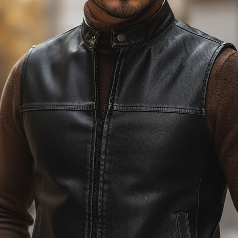 Men's Retro Distressed PU Faux Leather Zipper Sleeveless Vest MTA2363L2P