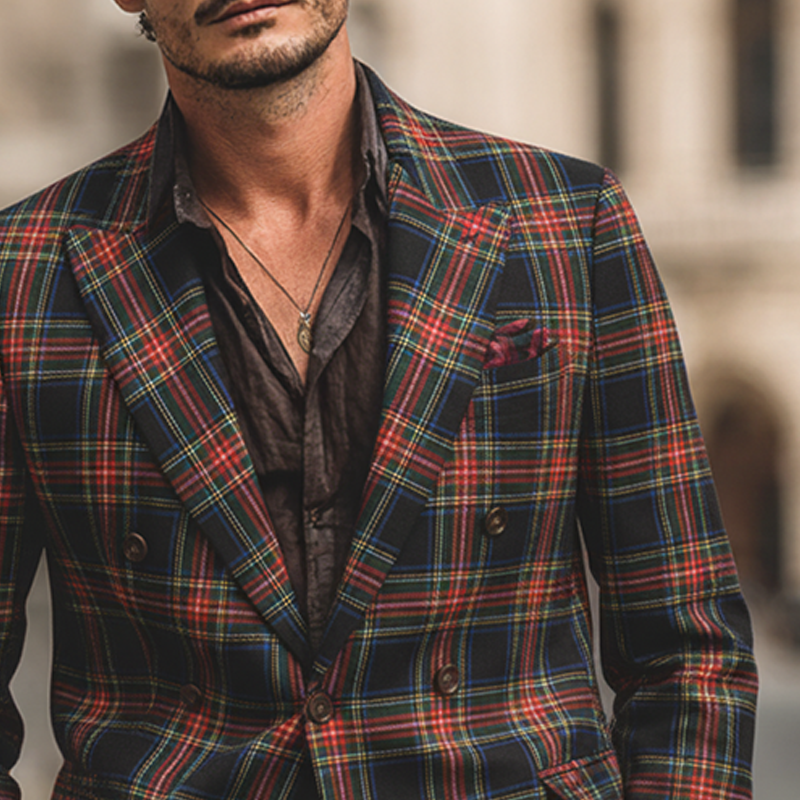 Men's Retro Plaid Print Lapel Blazer MTA2471K7X