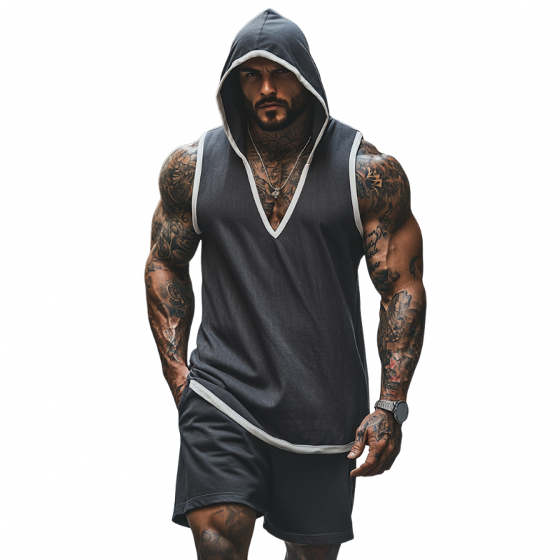 Men's Casual Breathable Cotton Colorblock V-Neck Hooded Tank Top Elastic Waist Shorts Sports Set MTA2693E4M