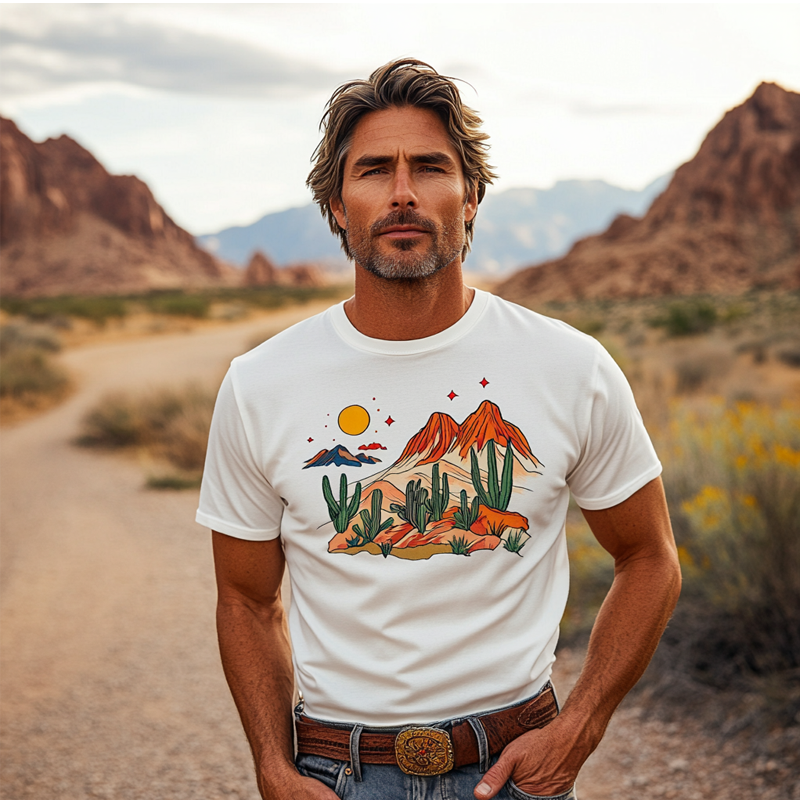 Herre t-skjorte med rund hals og korte ermer, cowboy-logo, ørkentrykk, MTA1096F9X