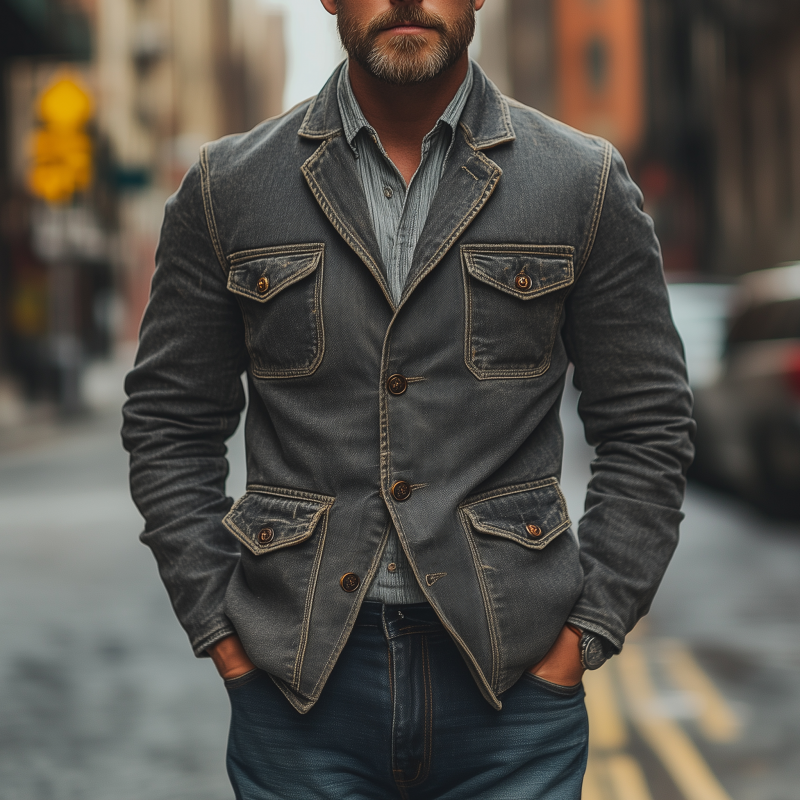 Men's Casual Outdoor Denim Washed Distressed Notch Lapel Single-breasted Multi-pocket Safari Jacket MTA1413H0M