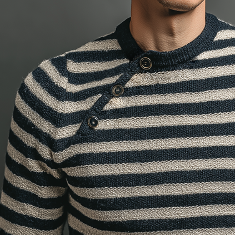 Men's Vintage Casual Navy Striped Knit Button Pullover Crew Neck Sweater MTA1494J6TO