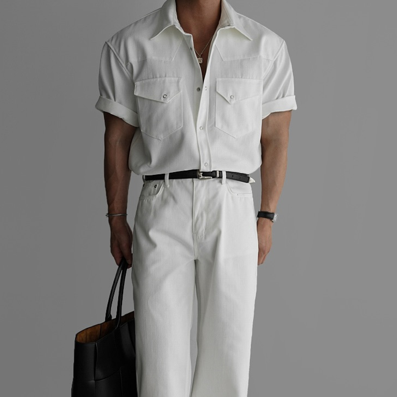 Men's Solid Lapel Chest Pocket Short Sleeve Shirt MTA0653E9Z