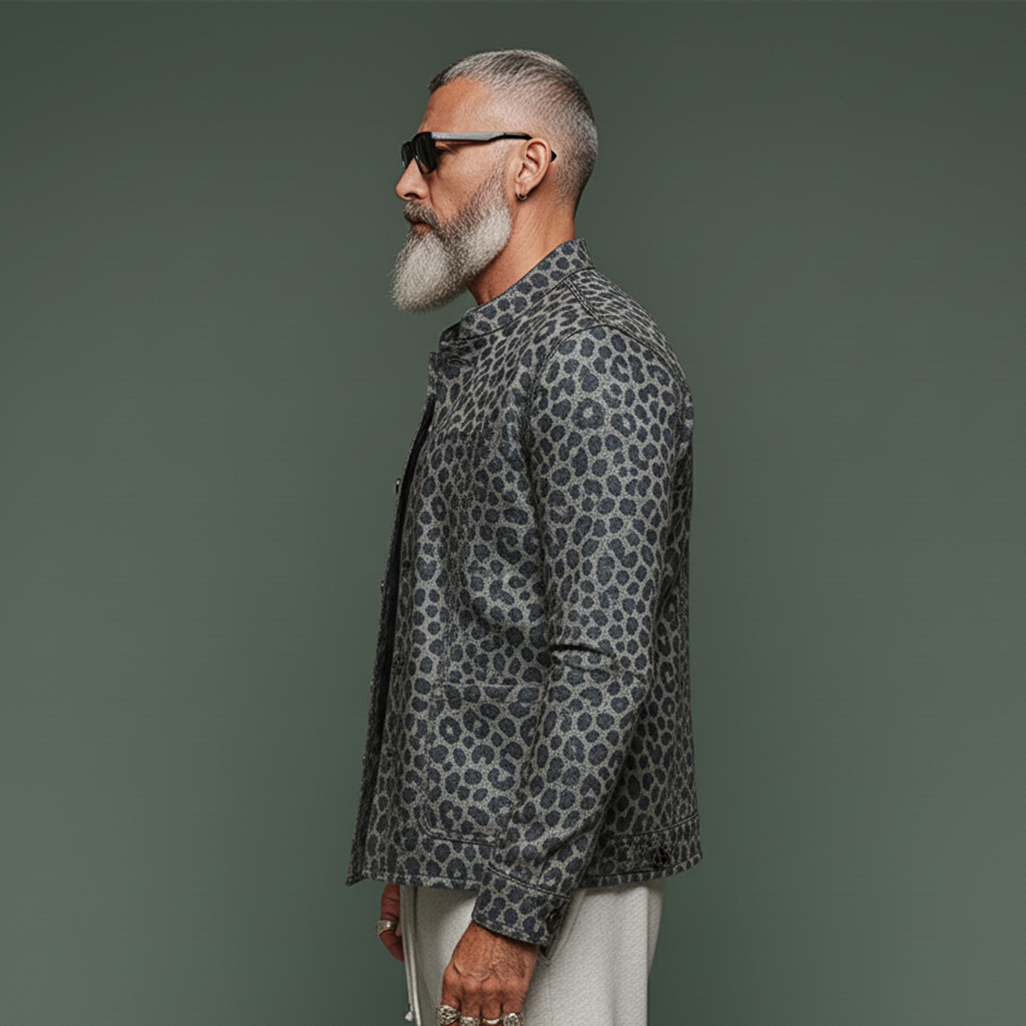 Men's Classic Vintage Stand-collar Leopard Print Jacquard Denim Jacket MTA1548L5K