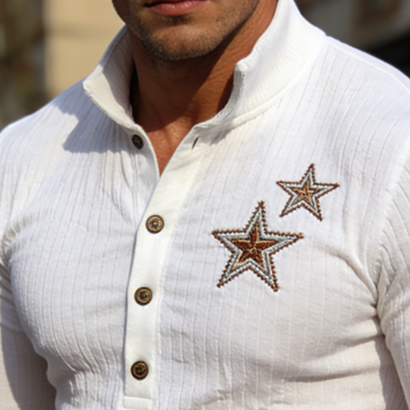Men's Retro Casual Star Embroidered Stand Collar Long Sleeve T-shirt MTA2271L3TO