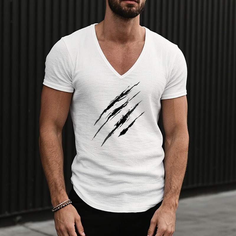 Men's Retro Casual Scratched Printed Cotton V-Neck Short Sleeve T-Shirt MTA1969F0TO