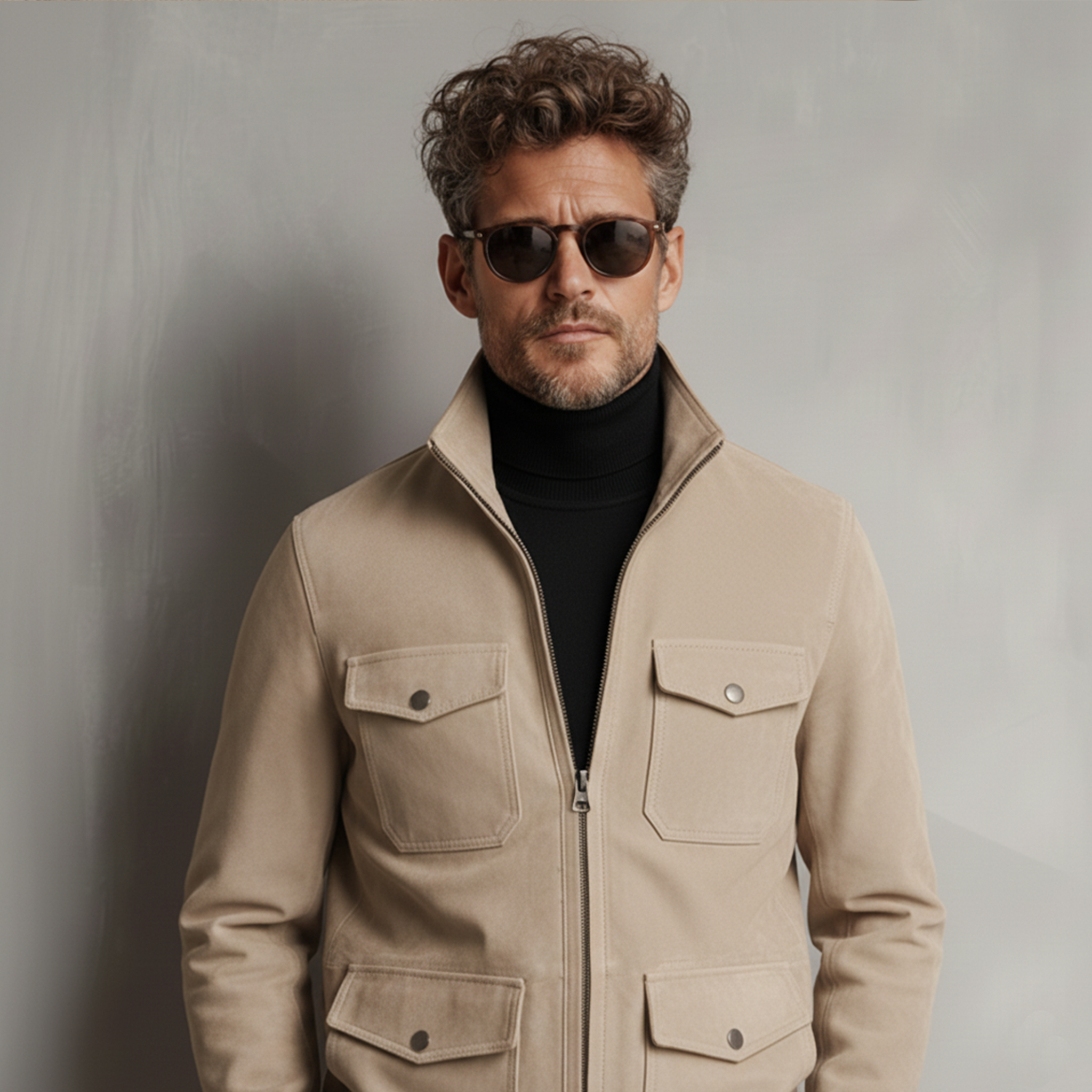 Men's Classic Business Stand-up Collar Multi-pocket Faux Suede Jacket MTA0166K2K