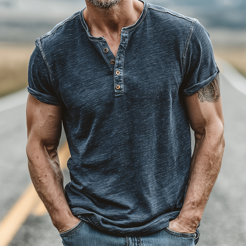 Men's Summer Casual Cotton Blend Washed Distressed Collar Stitching Denim Henry Collar Short-sleeved T-shirt MTA0206G8K