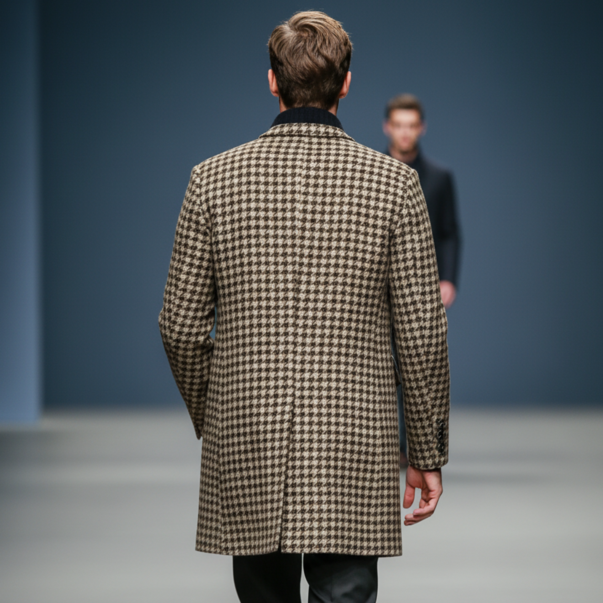 Men's Classic Retro Pocket Stitching PU Leather Stand Collar Faux Houndstooth Wool Coat MTA1199J8K